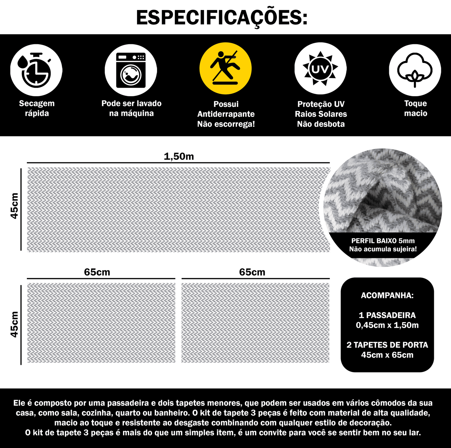 Tapete Passadeira Jogo de Cozinha 3 Peças Zig Zag - Cinza