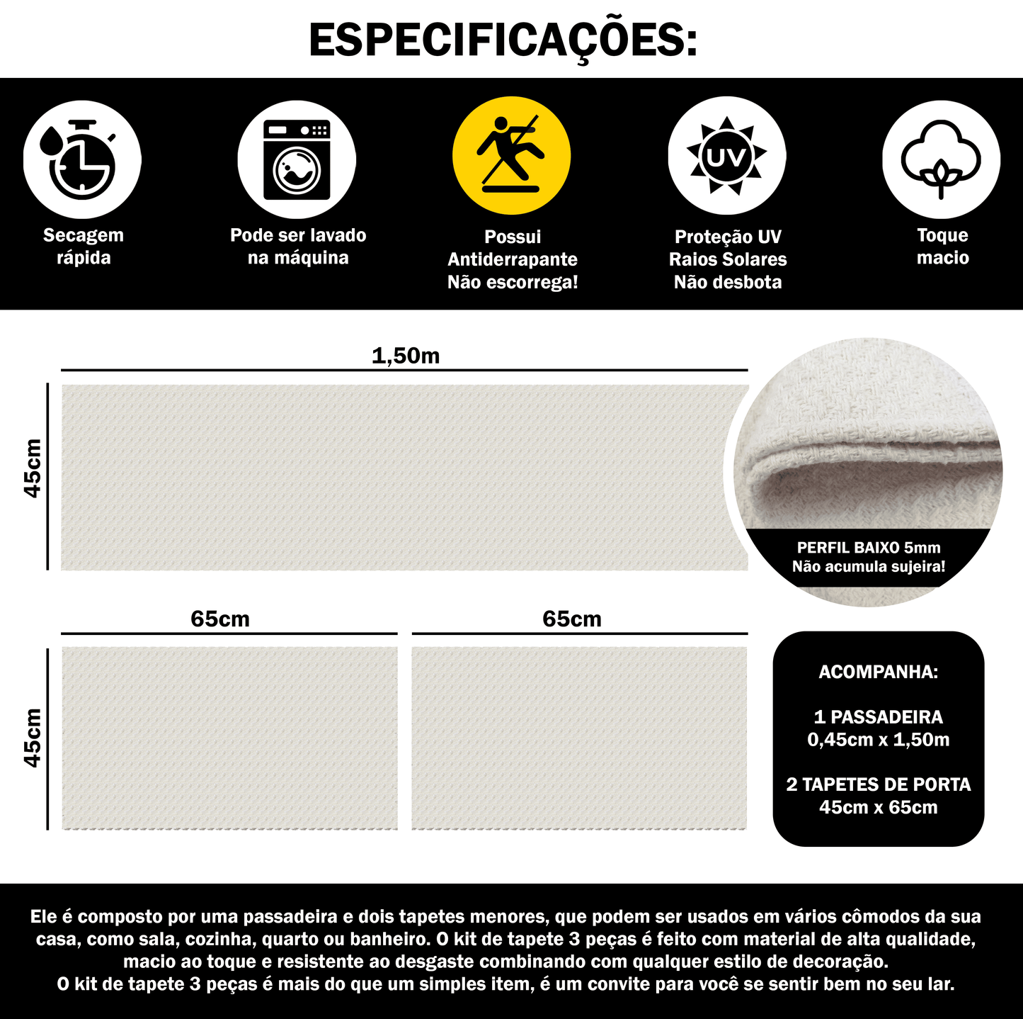 Tapete Passadeira Jogo de Cozinha 3 Peças Zig Zag - Cru