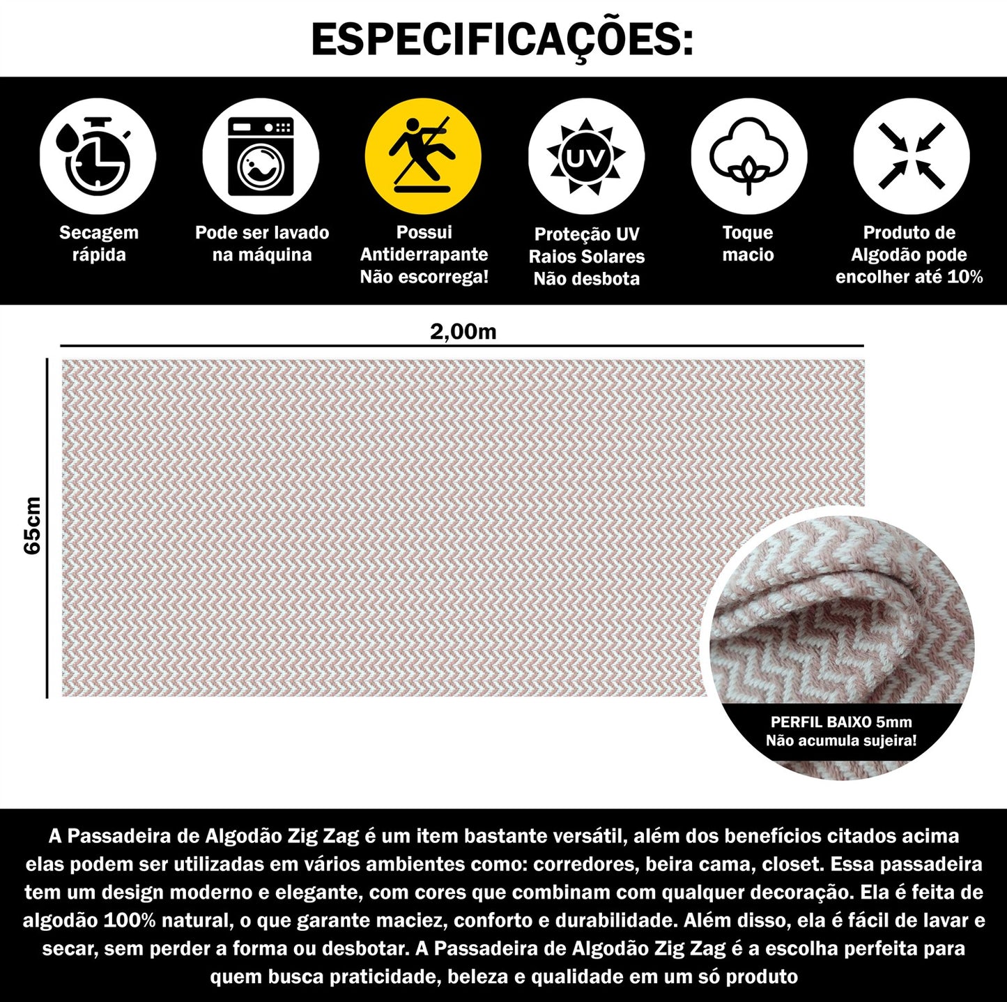 Passadeira Antiderrapante 200x65cm Beira de Cama Zig Zag Nude