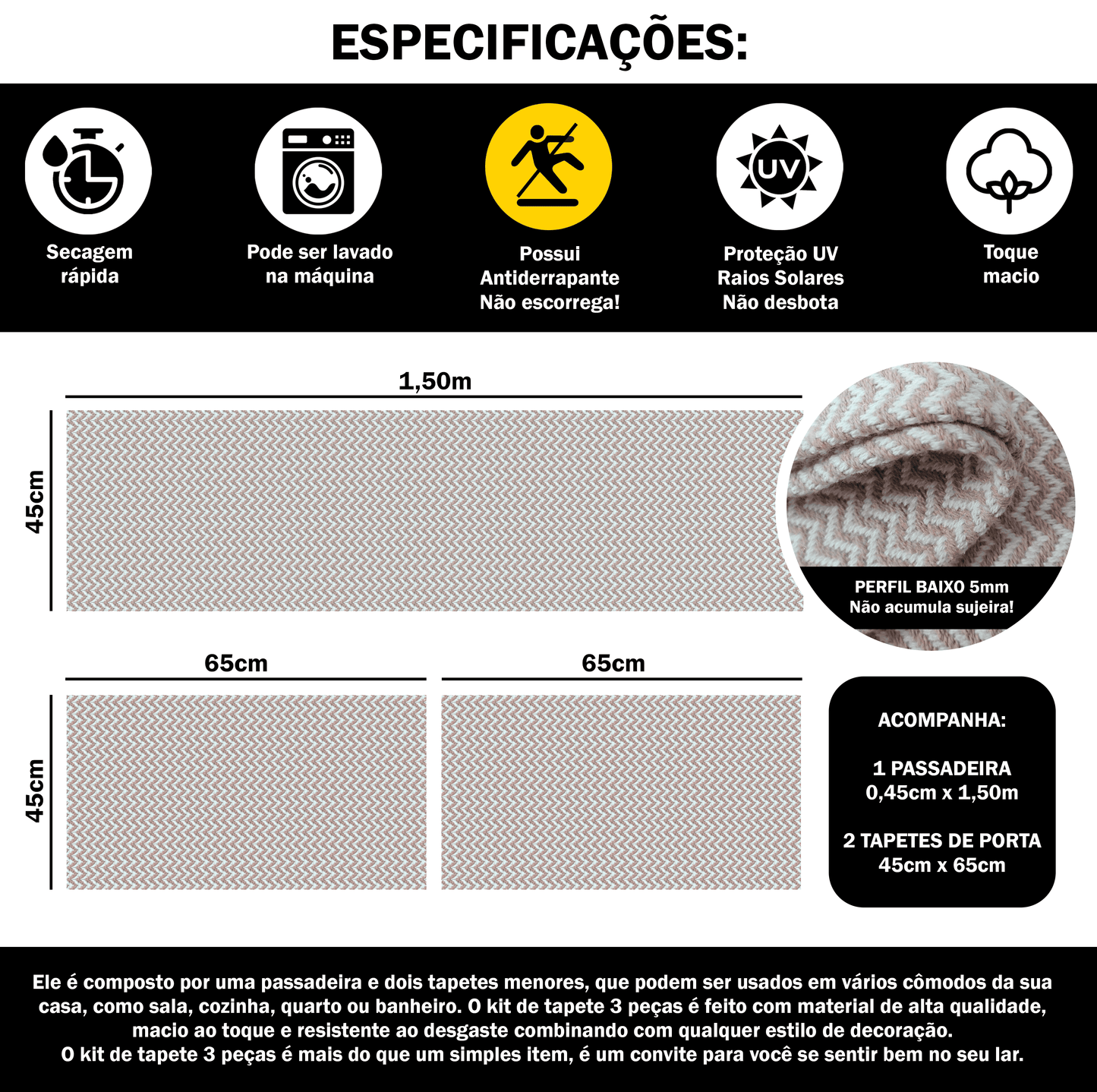 Tapete Passadeira Jogo de Cozinha 3 Peças Zig Zag - Nude