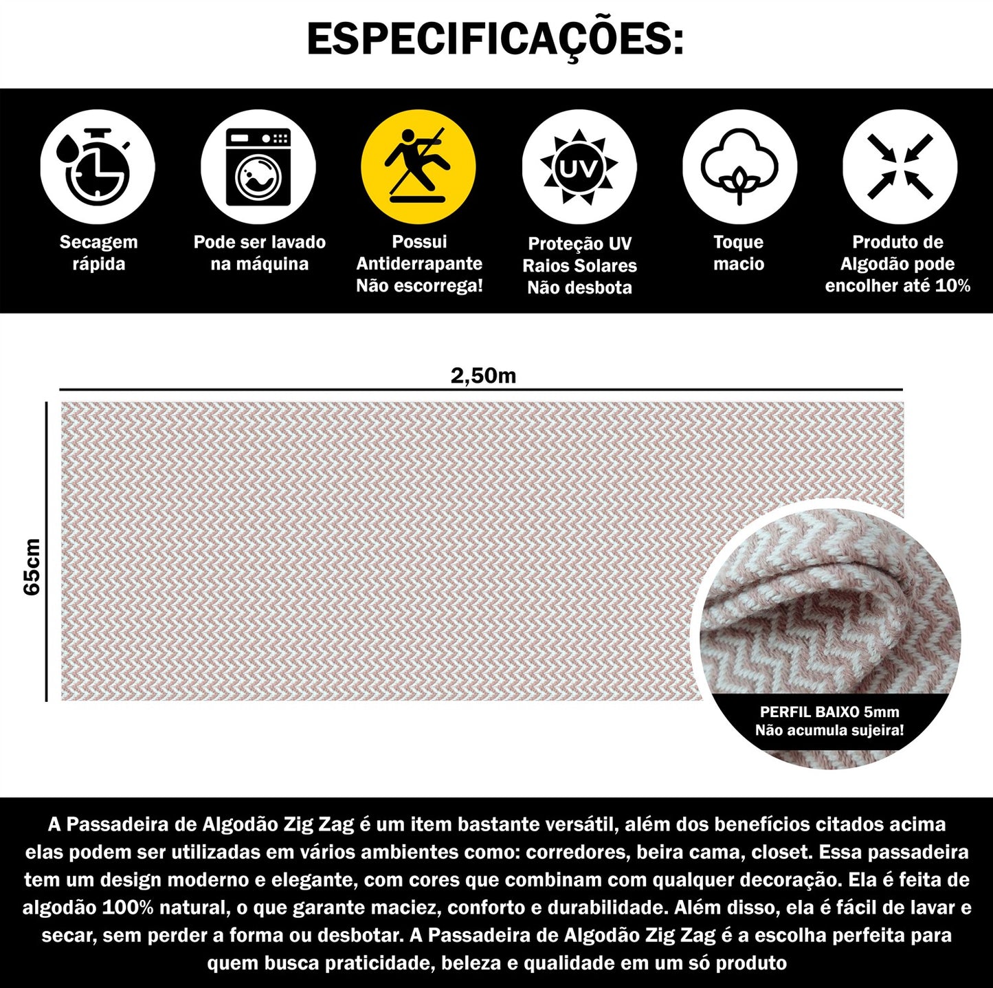 Passadeira Antiderrapante 250x65cm Beira de Cama Zig Zag Nude