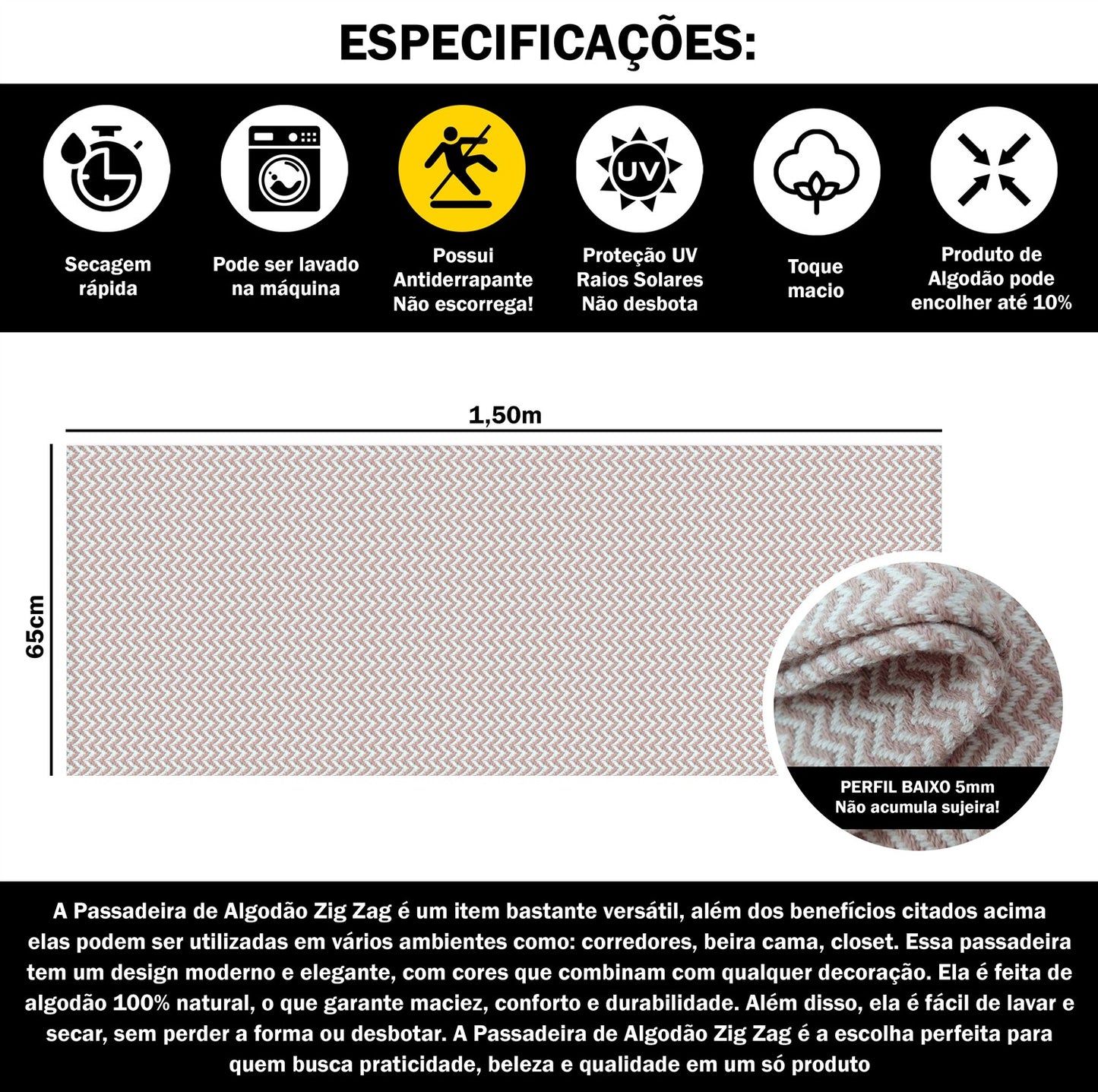 Passadeira Antiderrapante 150x65cm Beira de Cama Zig Zag Nude