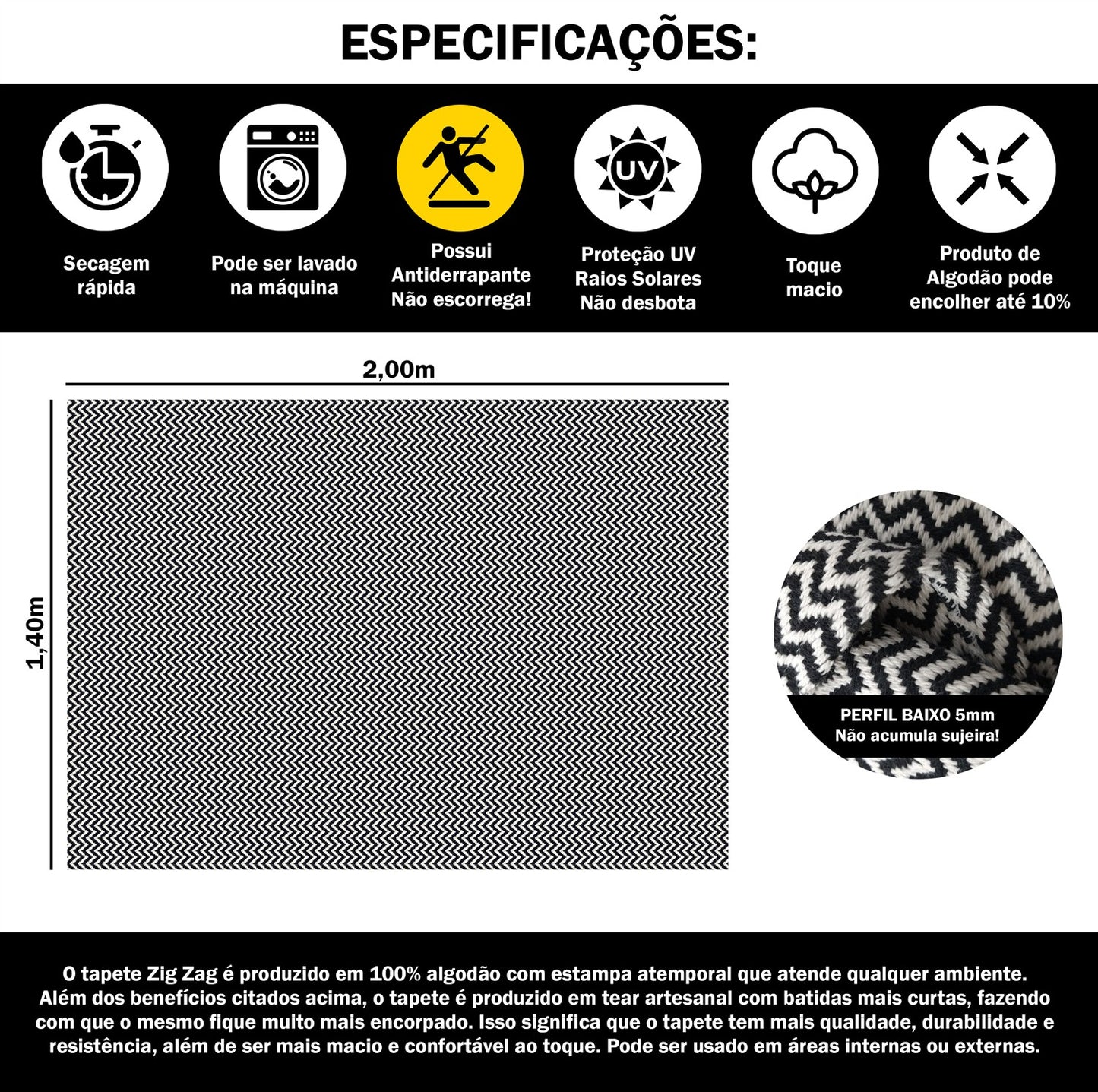 Tapete para Sala e Quarto 200x140cm Antiderrapante Zig Zag Preto