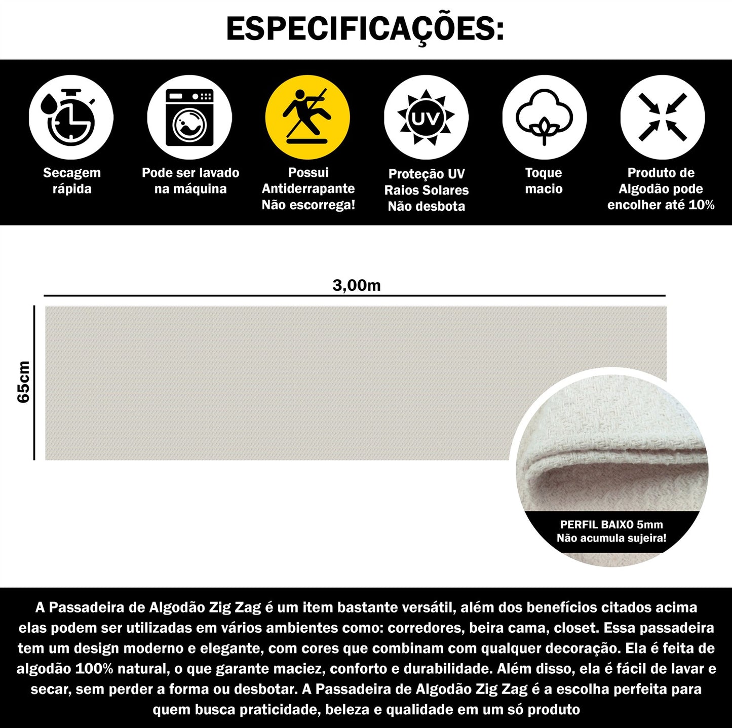 Passadeira Antiderrapante 300x65cm Beira de Cama Zig Zag Cru