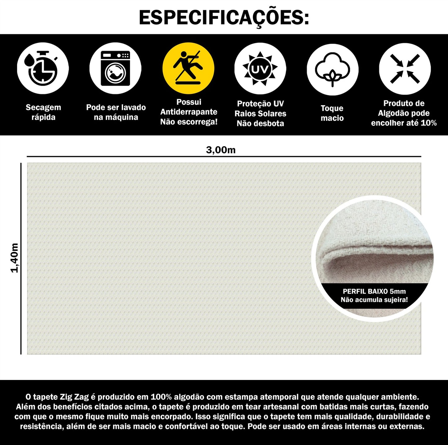 Tapete para Sala e Quarto 300x140cm Antiderrapante Zig Zag Cru