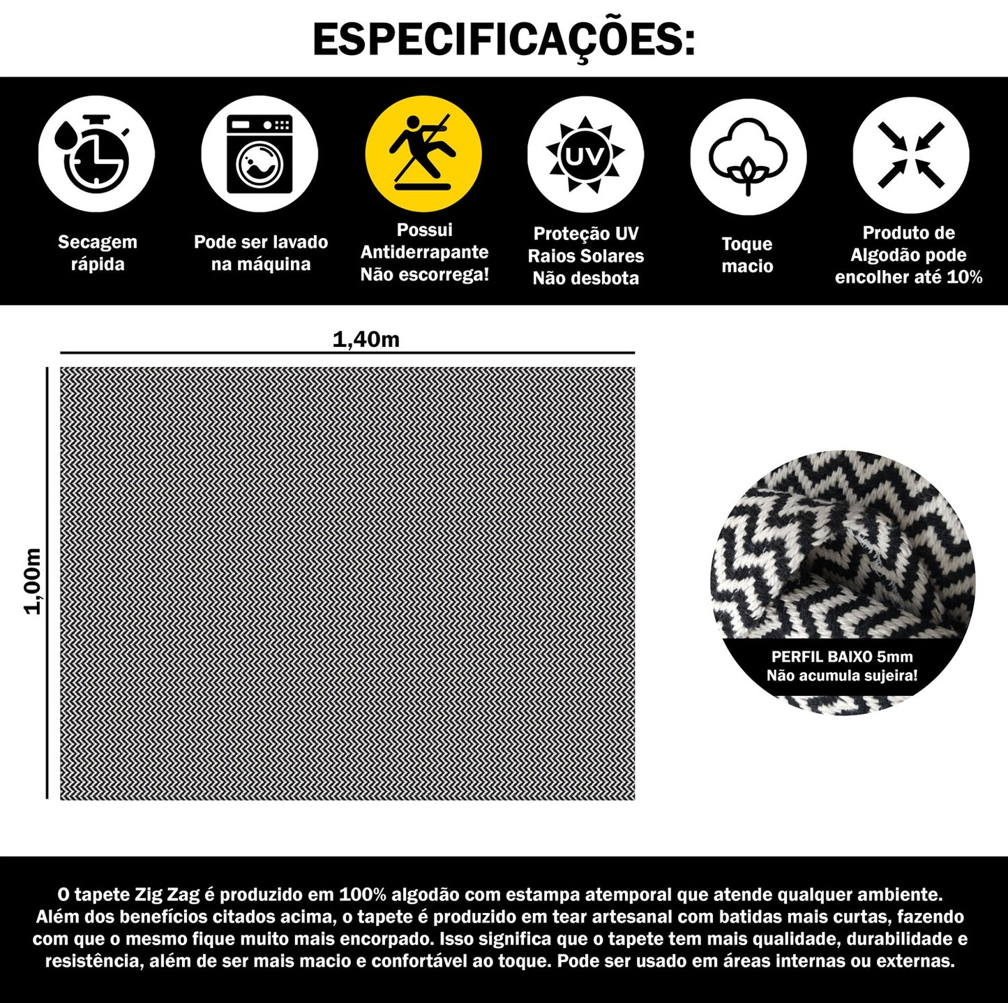 Tapete para Sala e Quarto 100x140cm Antiderrapante Zig Zag Preto