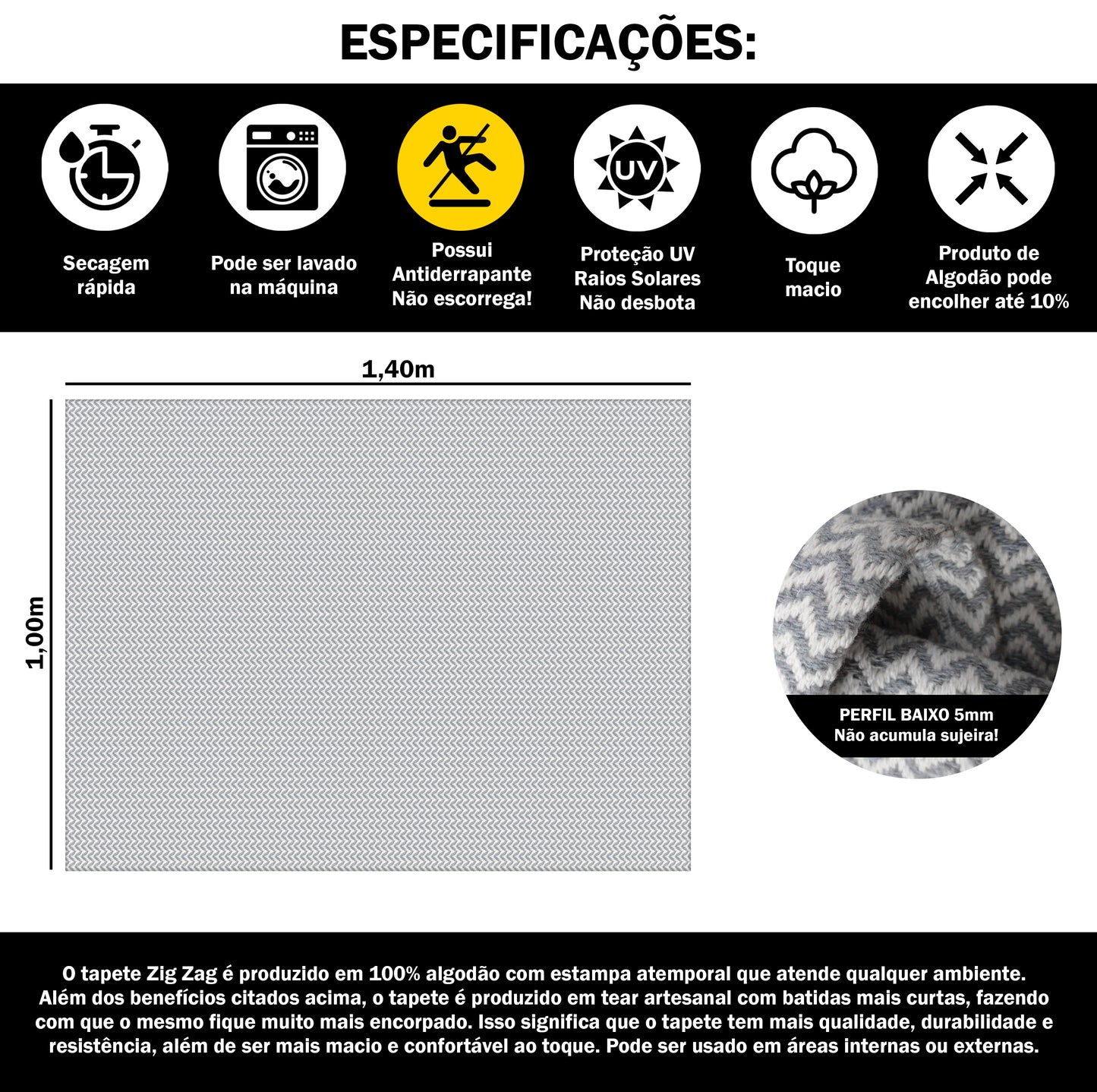 Tapete para Sala e Quarto 100x140cm Antiderrapante Zig Zag Cinza