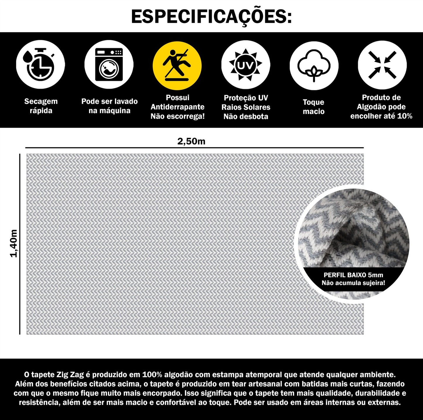 Tapete para Sala e Quarto 250x140cm Antiderrapante Zig Zag Cinza