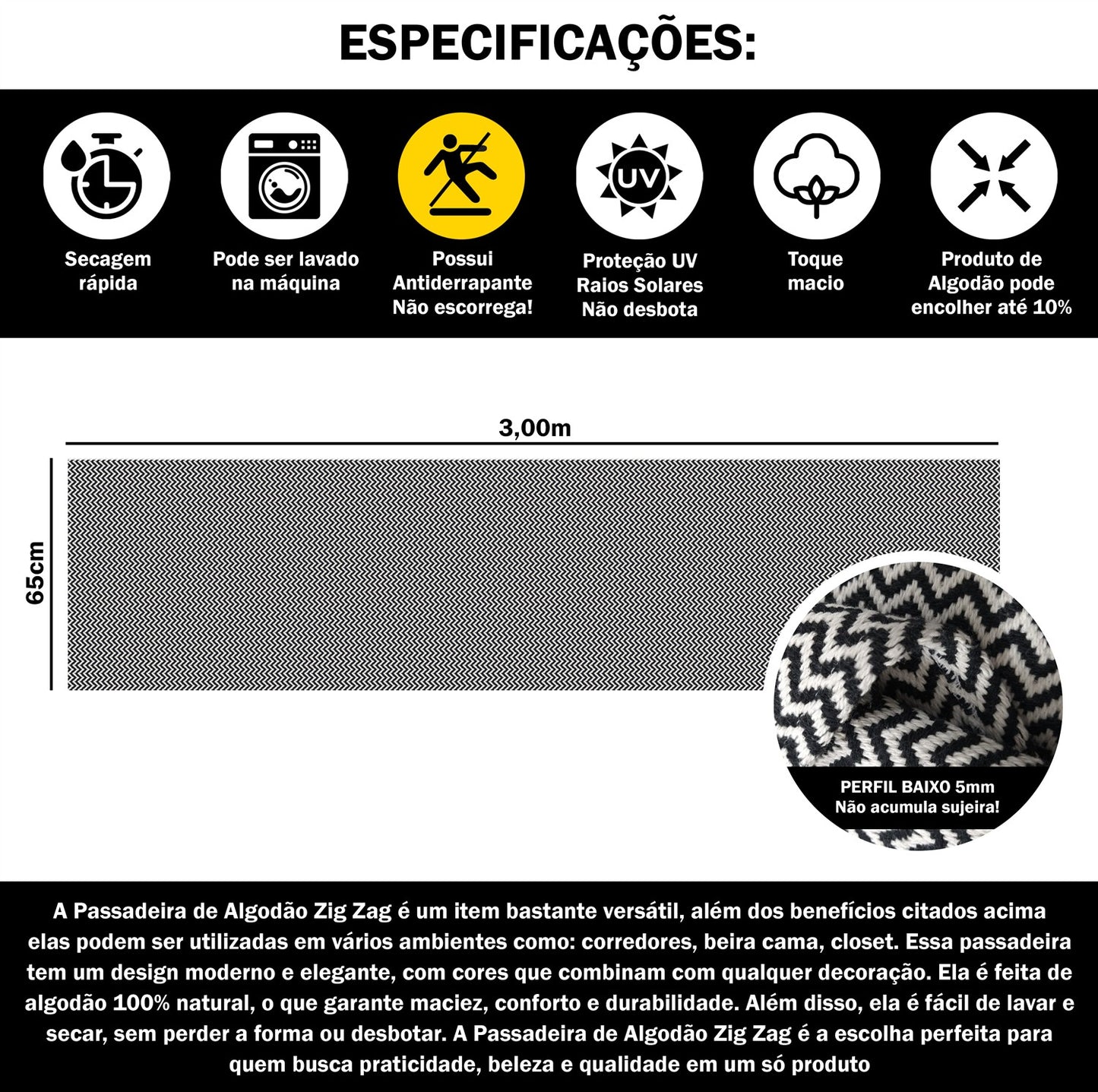 Passadeira Antiderrapante 300x65cm Beira de Cama Zig Zag Preto