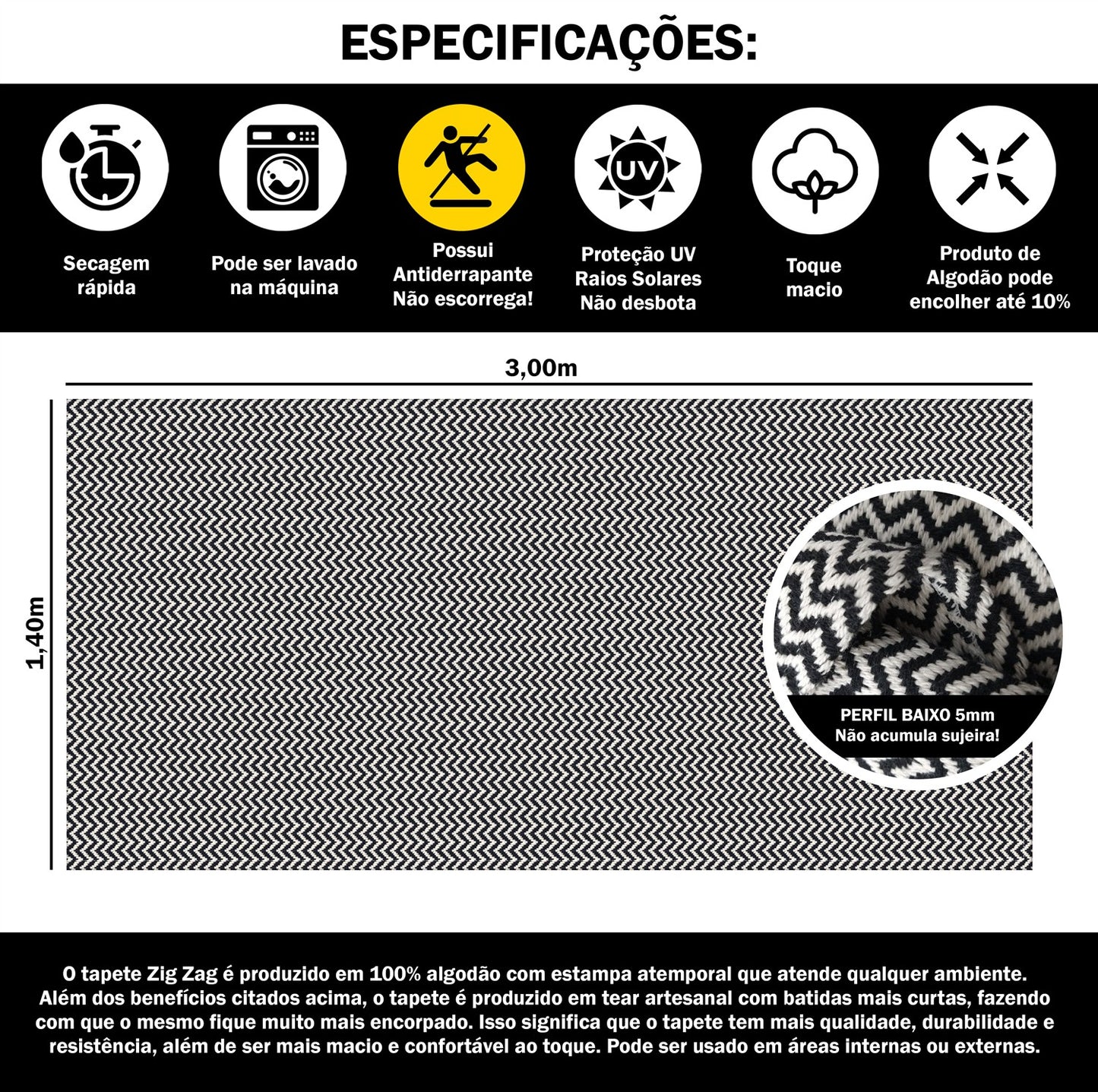 Tapete para Sala e Quarto 300x140cm Antiderrapante Zig Zag Preto