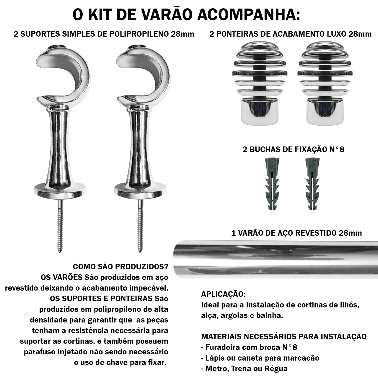 Varão de Cortina Luxo 1,20m Suporte de Parede 4 Cores