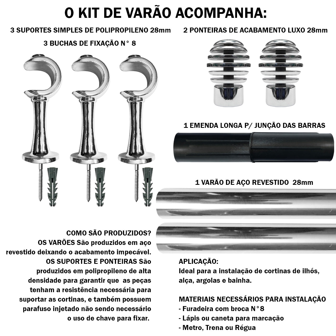 Varão de Cortina Luxo 2,00m Suporte de Parede 4 Cores