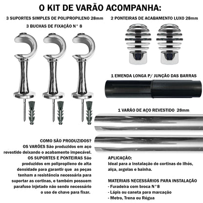 Varão de Cortina Luxo 2,00m Suporte de Parede 4 Cores