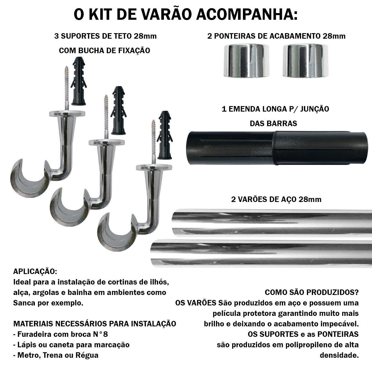 Varão de Cortina Teto 2,00m 28mm 4 Cores