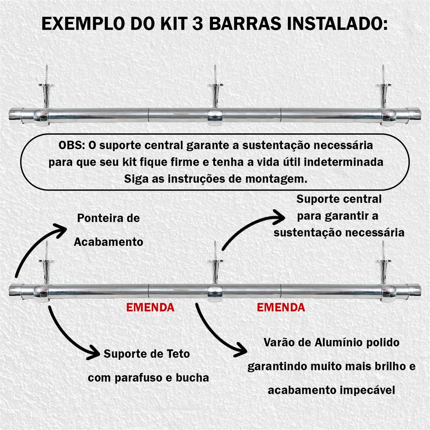 Varão de Cortina Alumínio Teto 3,00m 28mm 4 Cores