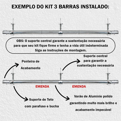 Varão de Cortina Alumínio Teto 3,00m 28mm 4 Cores