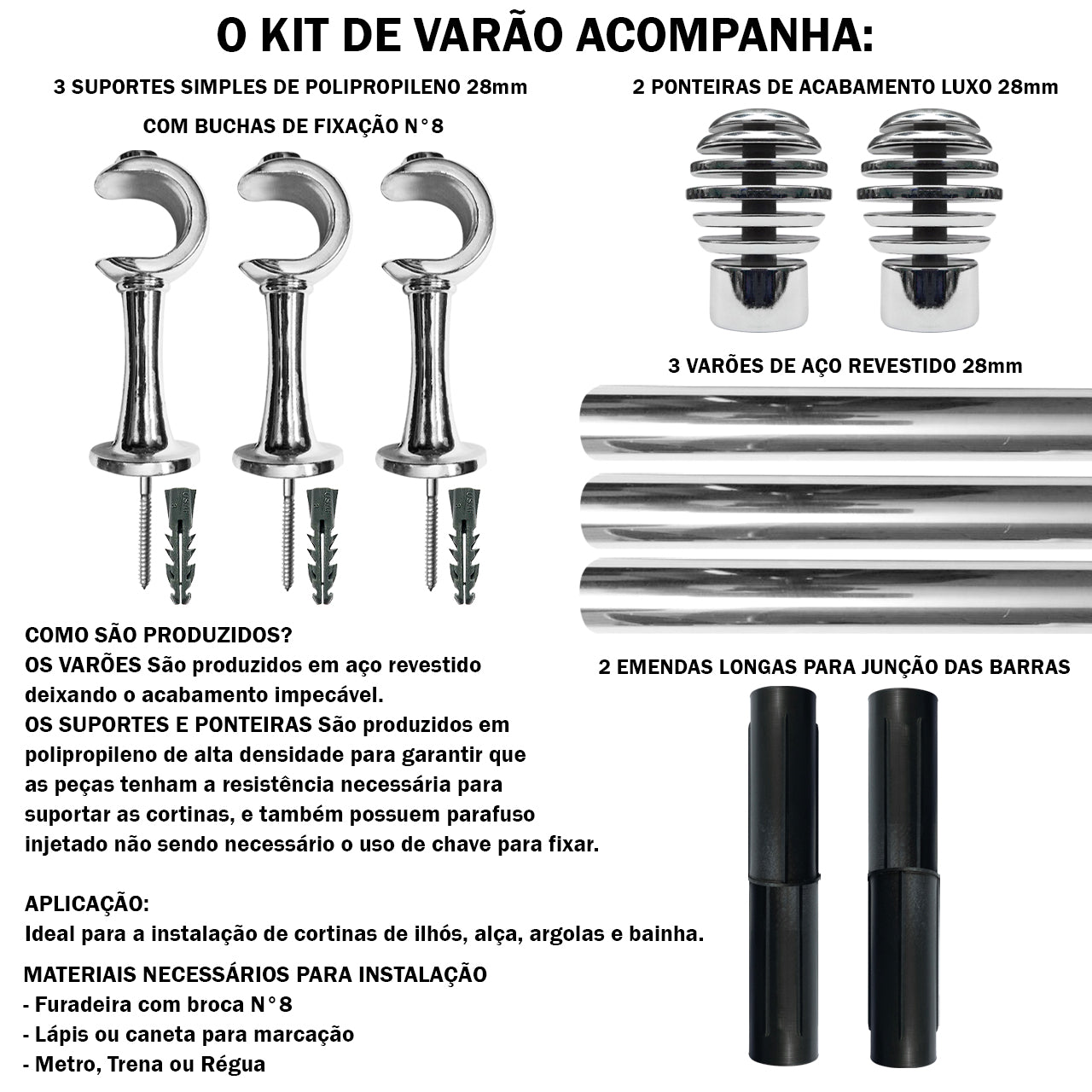 Varão de Cortina Luxo 3,00m Suporte de Parede 4 Cores