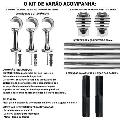 Varão de Cortina Luxo 3,00m Suporte de Parede 4 Cores