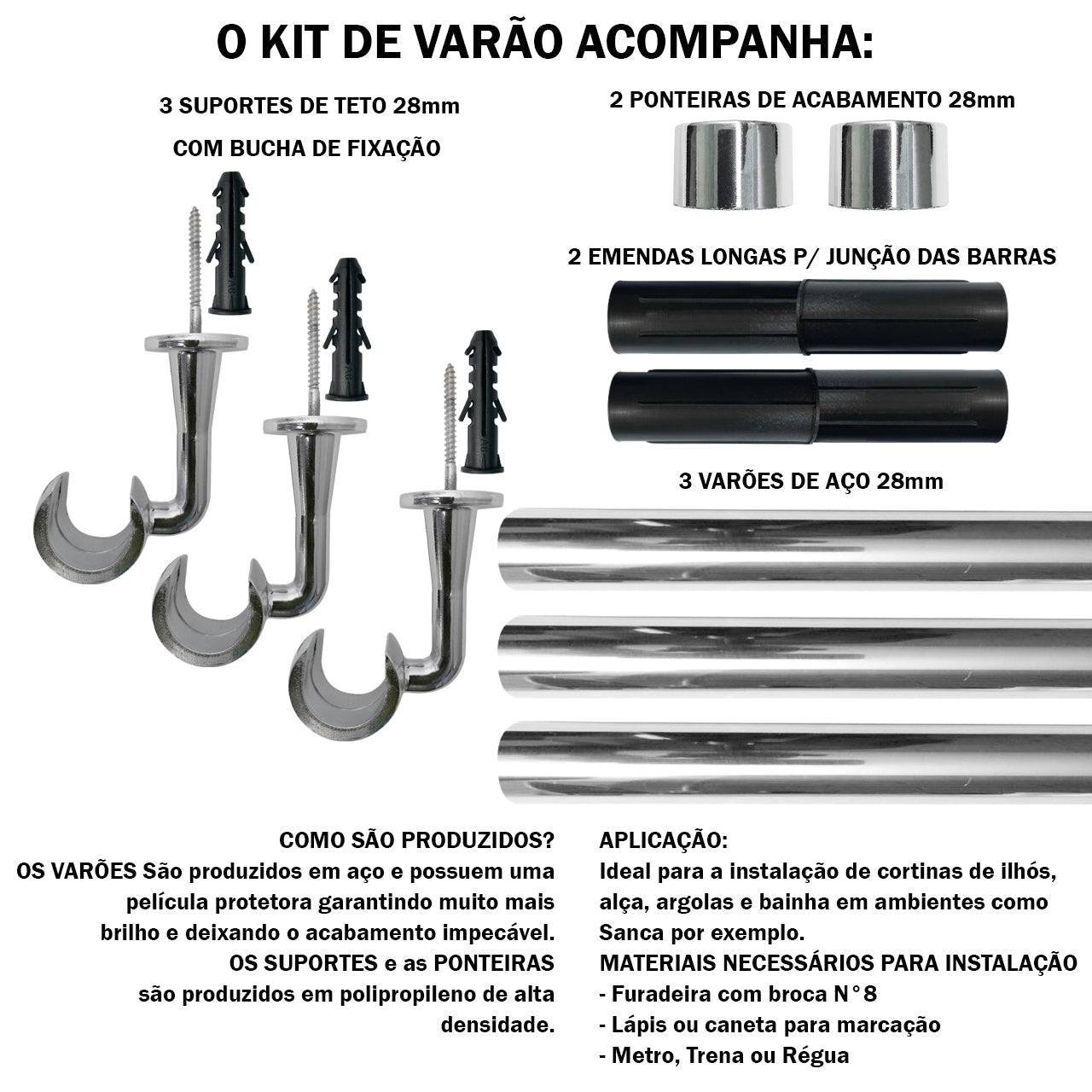 Varão de Cortina Teto 3,00m 28mm 4 Cores