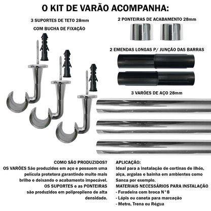 Varão de Cortina Teto 3,00m 28mm 4 Cores