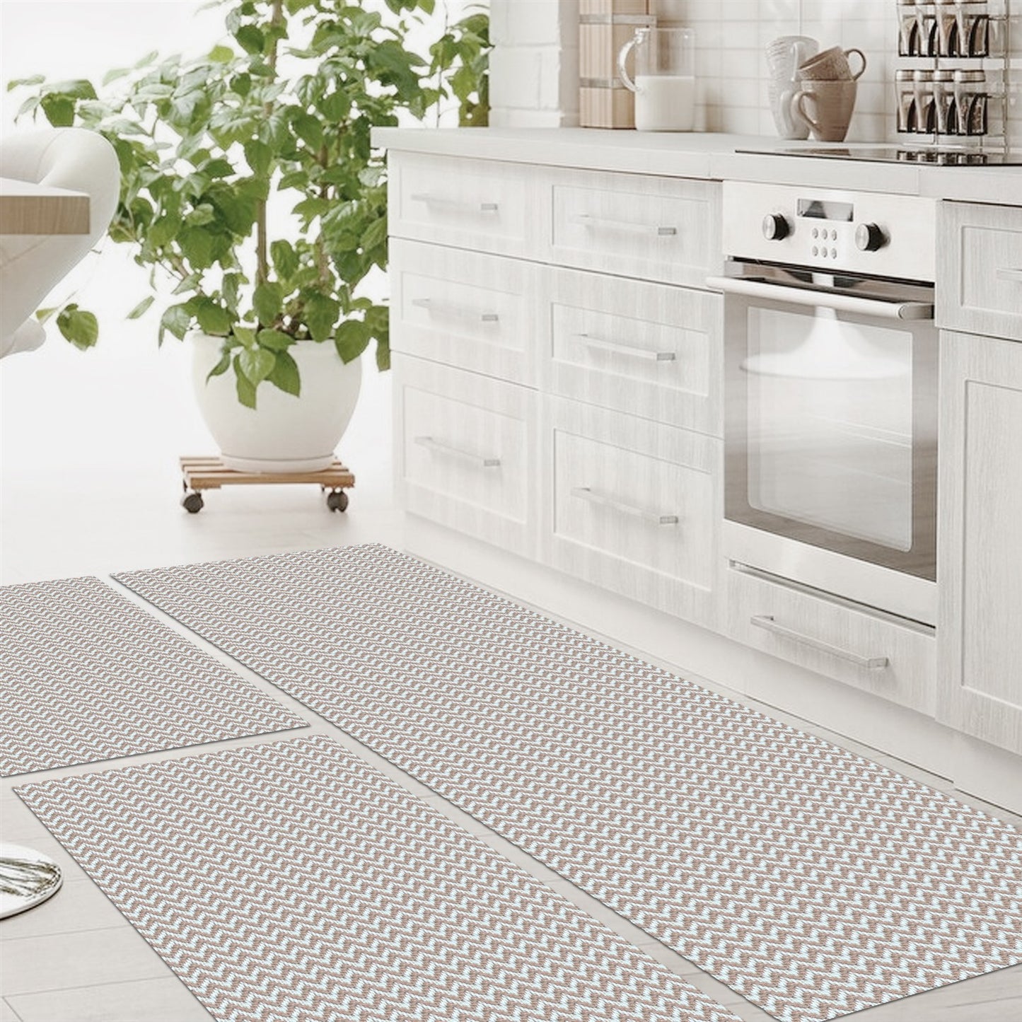 Tapete Passadeira Jogo de Cozinha 3 Peças Zig Zag - Nude