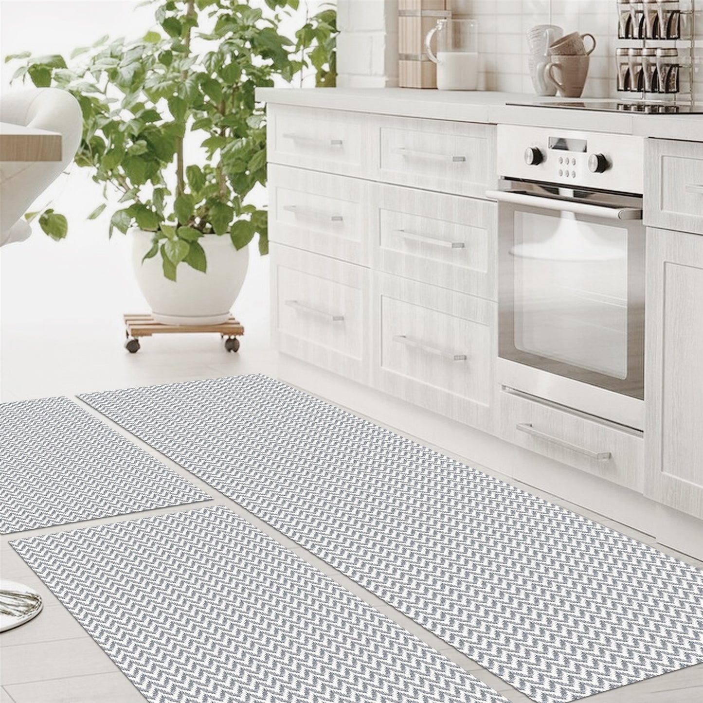 Tapete Passadeira Jogo de Cozinha 3 Peças Zig Zag - Cinza