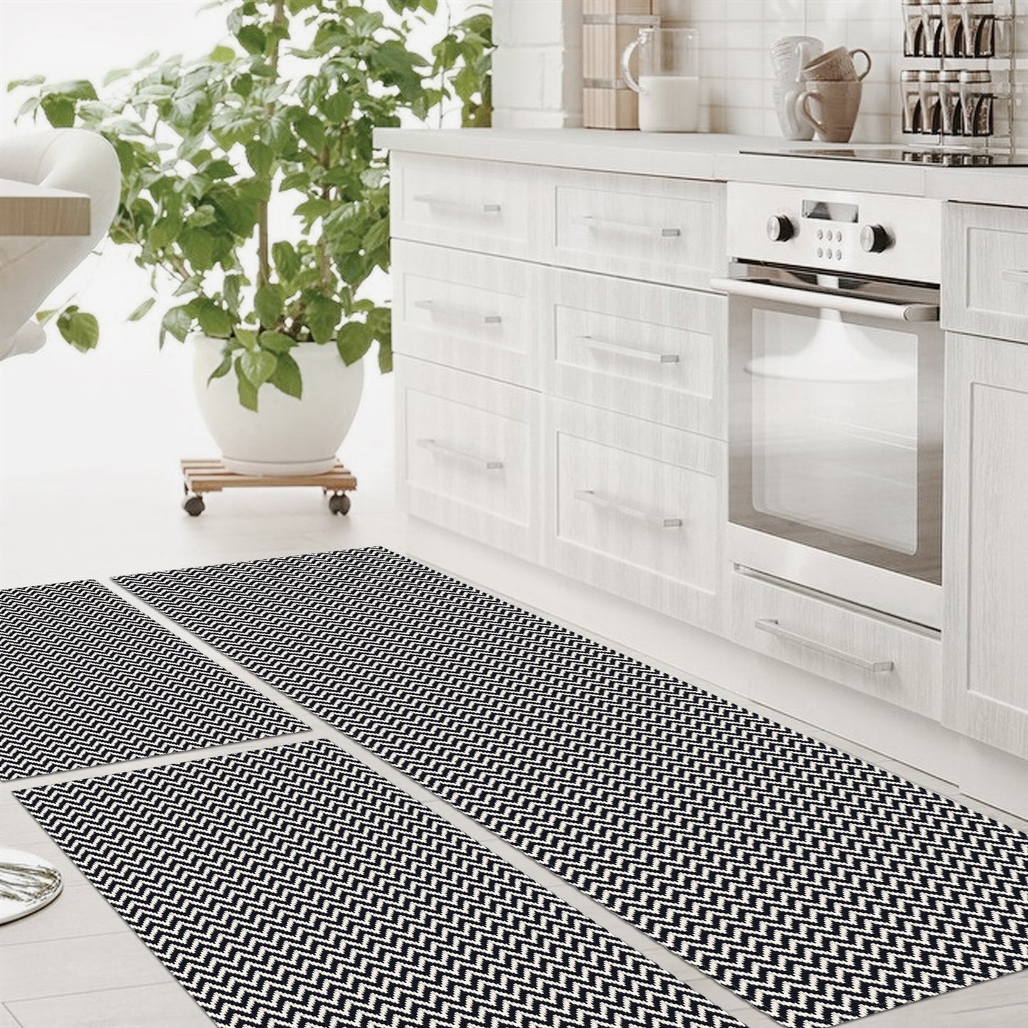 Tapete Passadeira Jogo de Cozinha 3 Peças Zig Zag - Preto