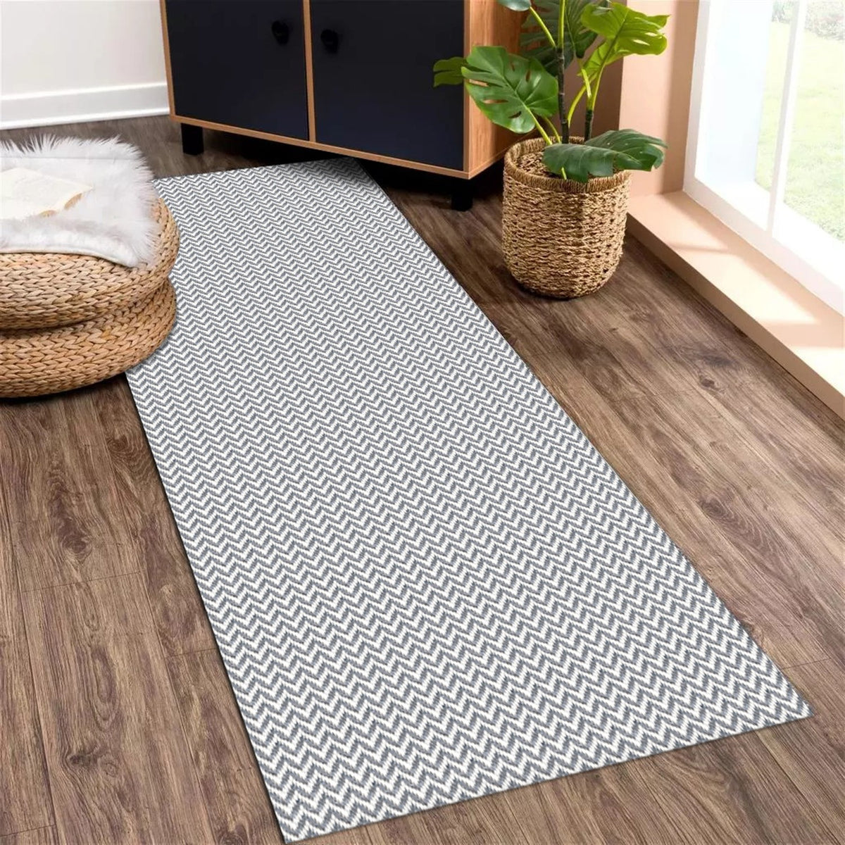 Tapete Passadeira Beira Cama 2,50m x 0,65m Zig Zag - Cinza