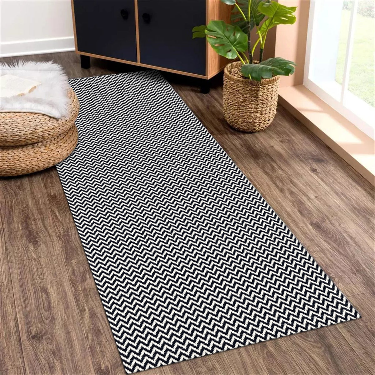 Tapete Passadeira Beira Cama 2,50m x 0,65m Zig Zag - Preto