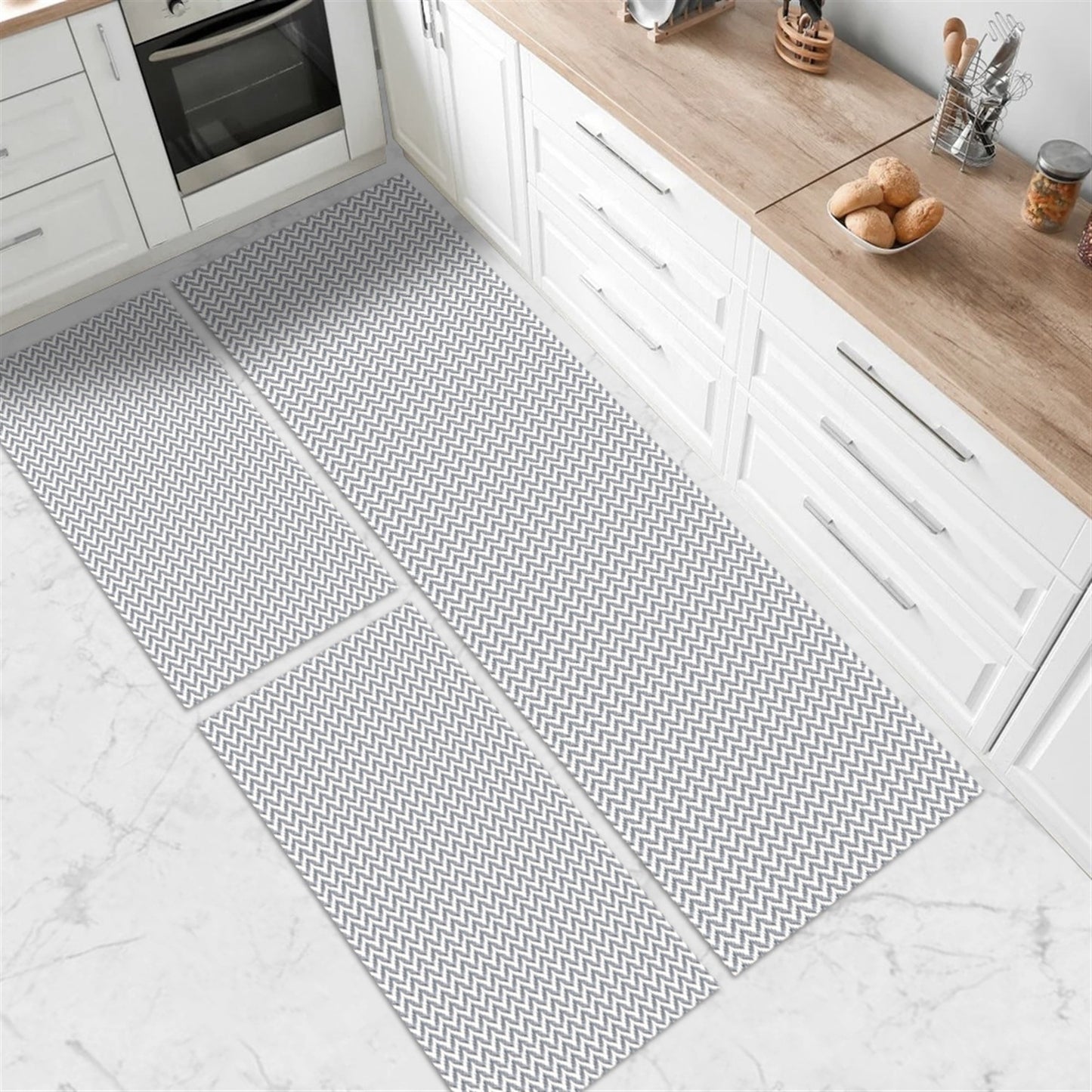 Tapete Passadeira Jogo de Cozinha 3 Peças Zig Zag - Cinza