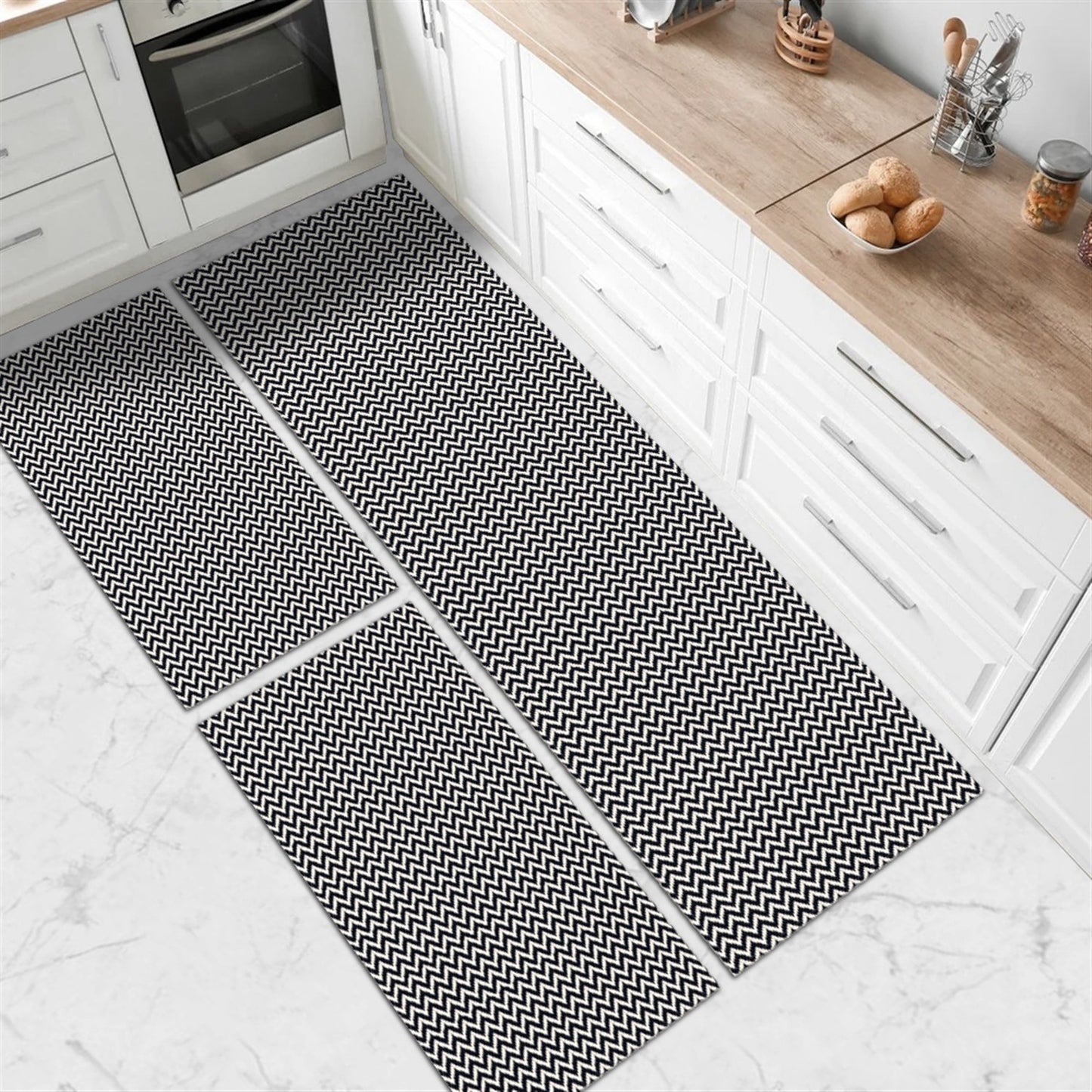 Tapete Passadeira Jogo de Cozinha 3 Peças Zig Zag - Preto