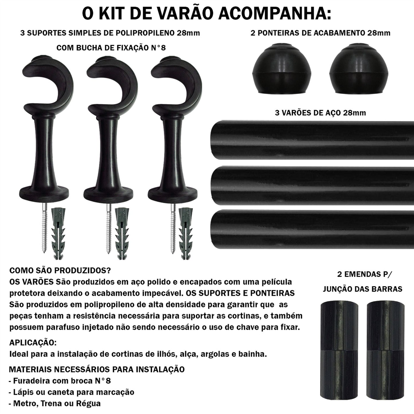 Varão de Cortina Alumínio 2,50m 28mm Simples 5 Cores