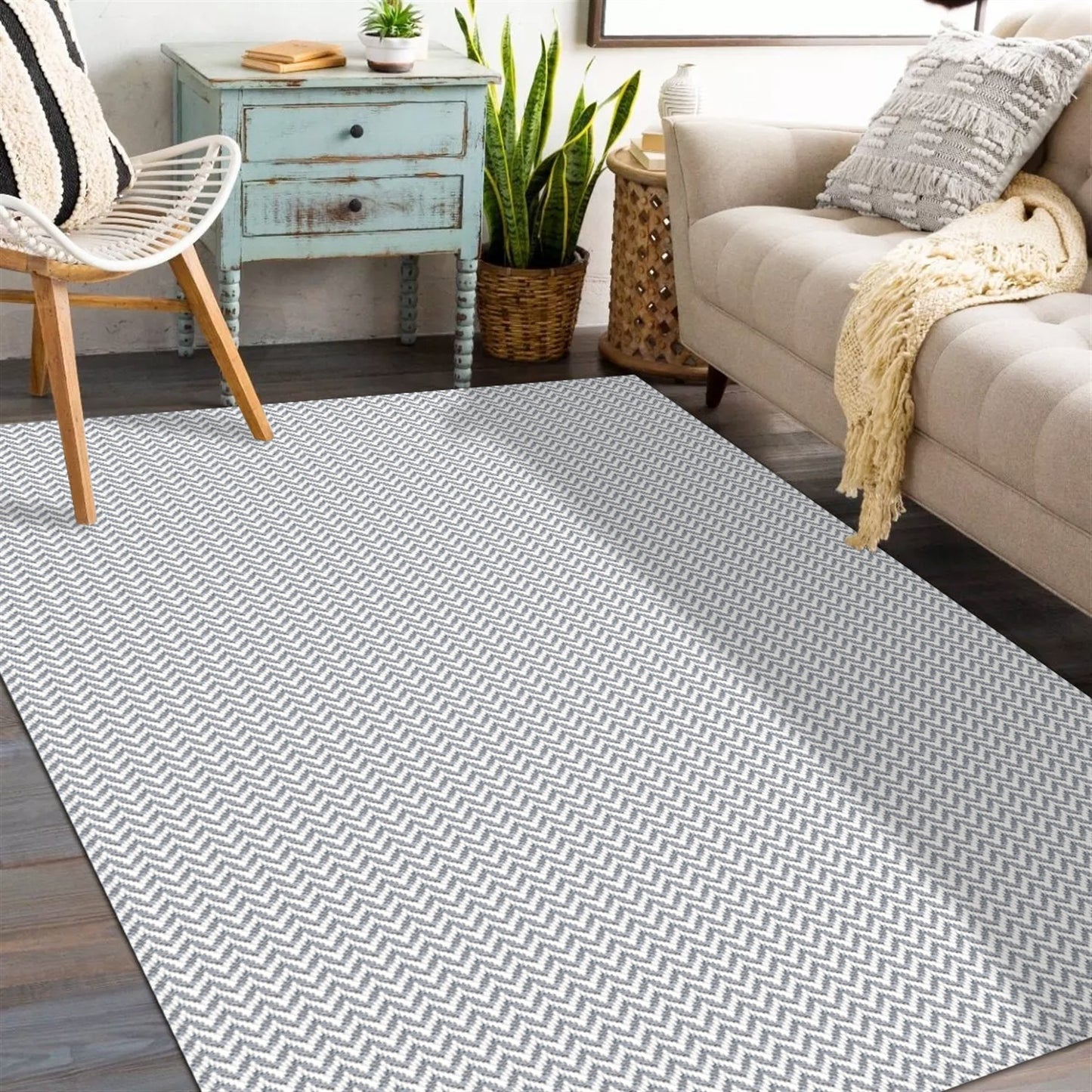 Tapete para Sala e Quarto 300x140cm Antiderrapante Zig Zag Cinza