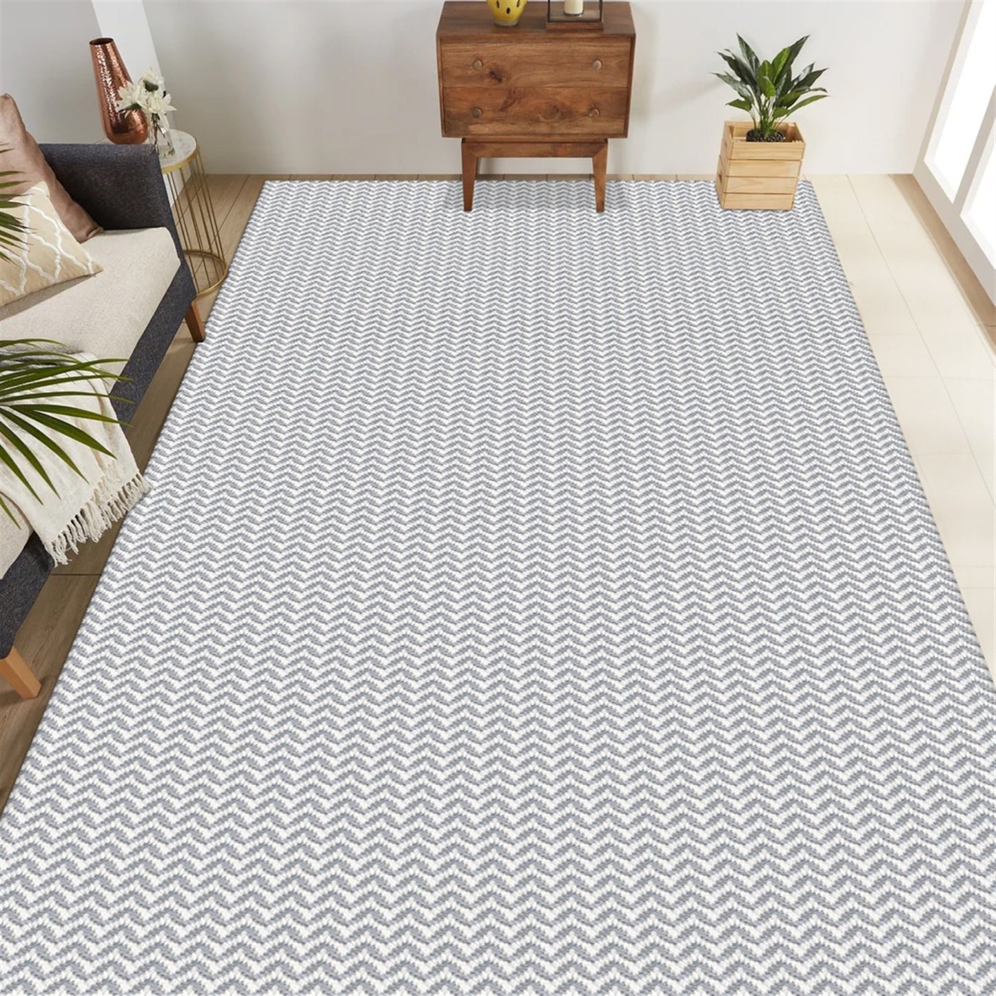 Tapete para Sala e Quarto 300x140cm Antiderrapante Zig Zag Cinza