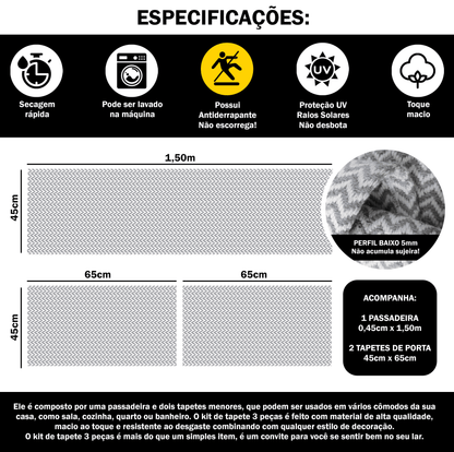 Tapete Passadeira Jogo de Cozinha 3 Peças Zig Zag - Cinza