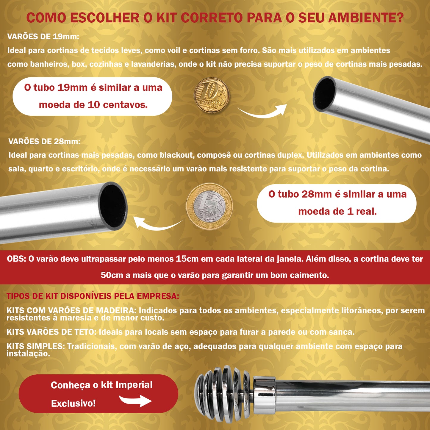 Varão de Cortina Simples 2,50m 19mm Simples 5 Cores