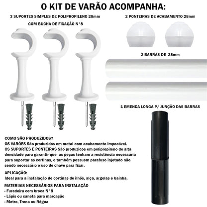 Varão de Cortina Alumínio 1,50m 28mm Simples 5 Cores