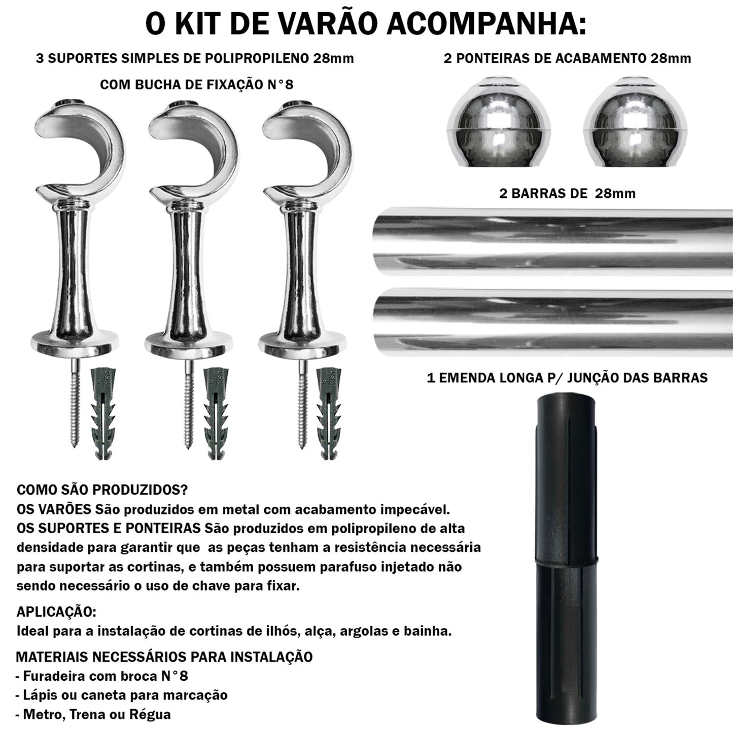 Varão de Cortina Alumínio 2,00m 28mm Simples 5 Cores