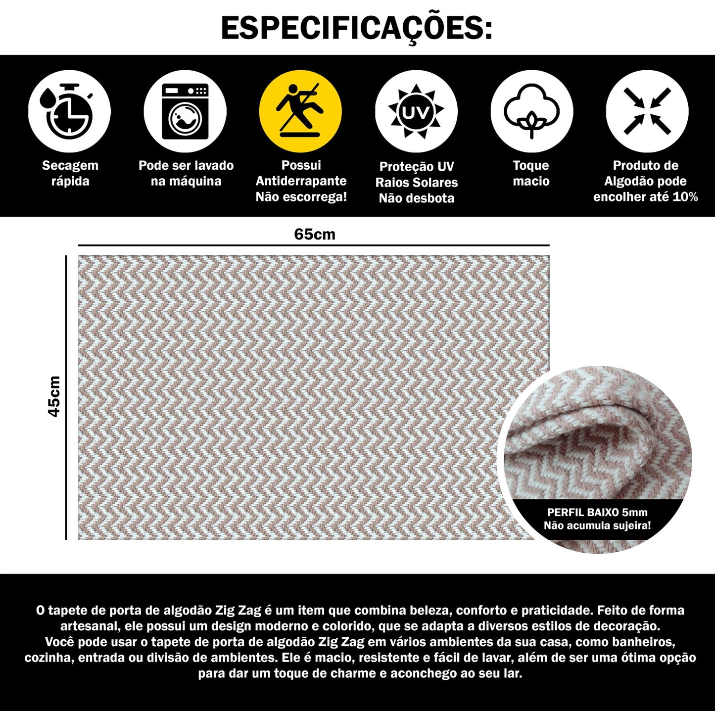 Capacho de Porta Antiderrapante 65x45cm Zig Zag Nude Entrada de Casa