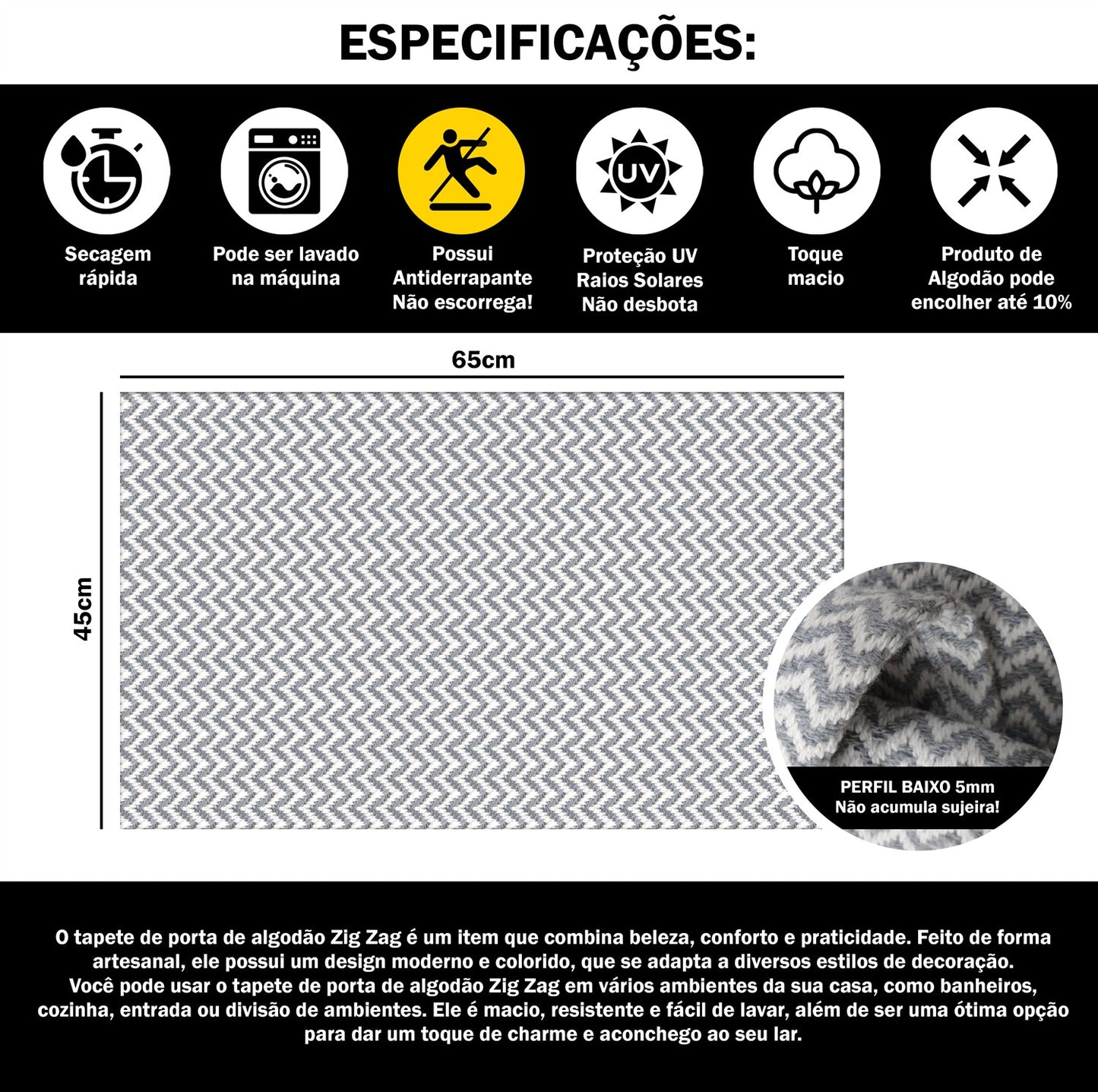 Capacho de Porta Antiderrapante 65x45cm Zig Zag Cinza Entrada de Casa