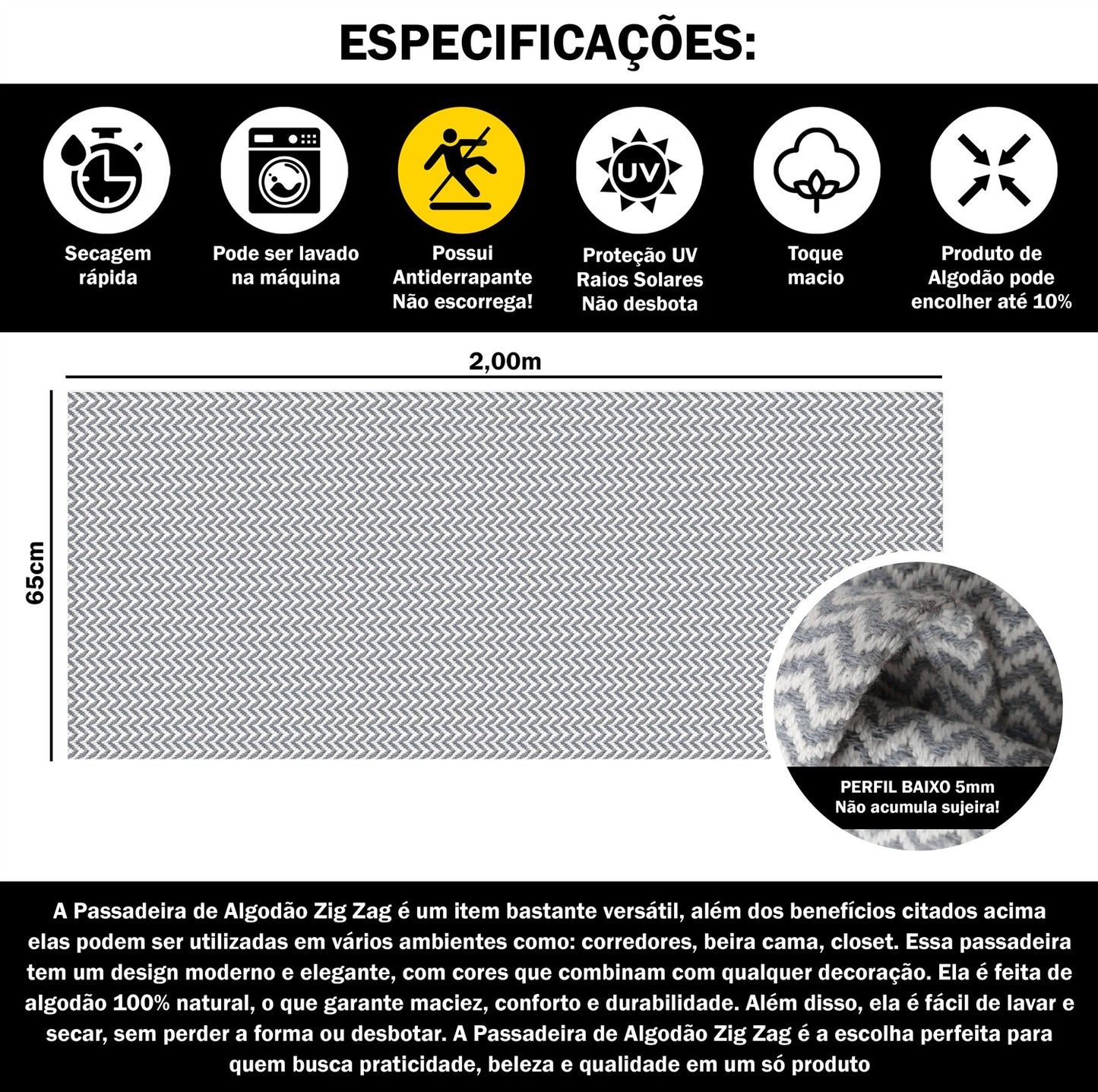 Passadeira Antiderrapante 200x65cm Beira de Cama Zig Zag Cinza