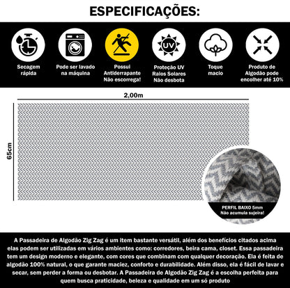 Passadeira Antiderrapante 200x65cm Beira de Cama Zig Zag Cinza