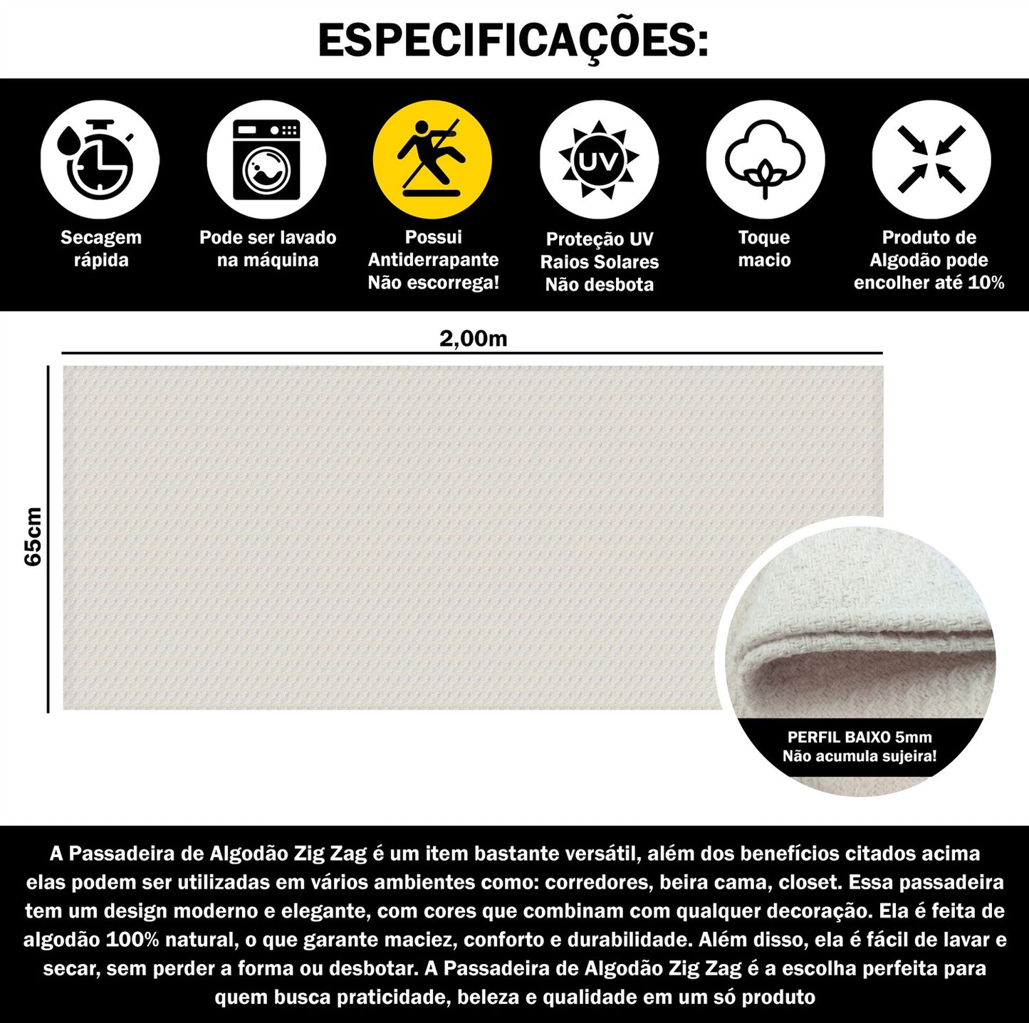 Passadeira Antiderrapante 200x65cm Beira de Cama Zig Zag Cru