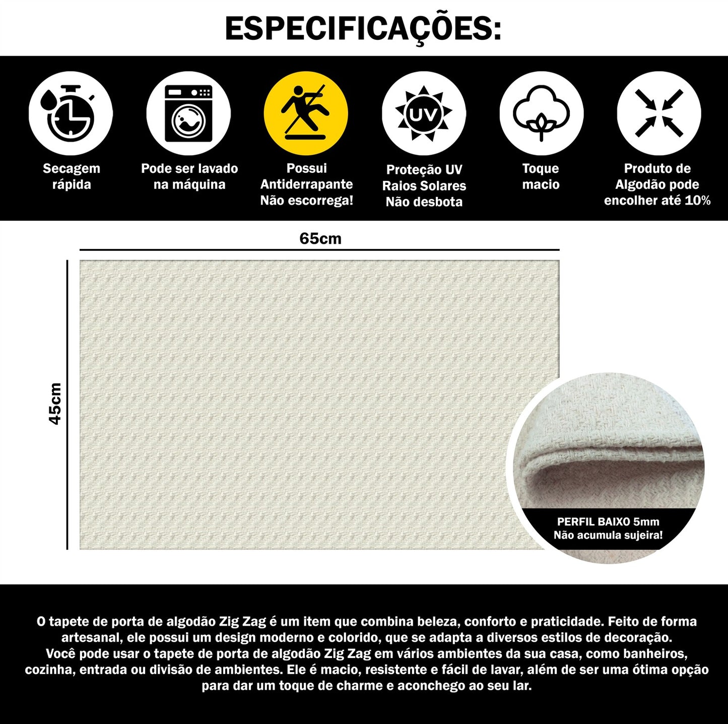 Capacho de Porta Antiderrapante 65x45cm Zig Zag Cru Entrada de Casa