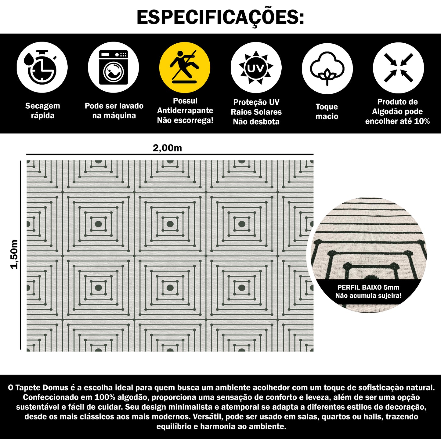 Tapete para Sala e Quarto 200x150cm Antiderrapante Domus