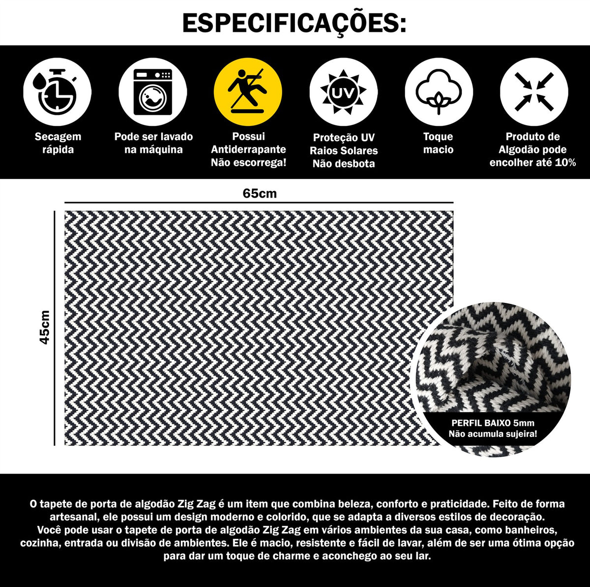 Tapete de Porta Capacho 65cm x 45cm Zig Zag - Preto