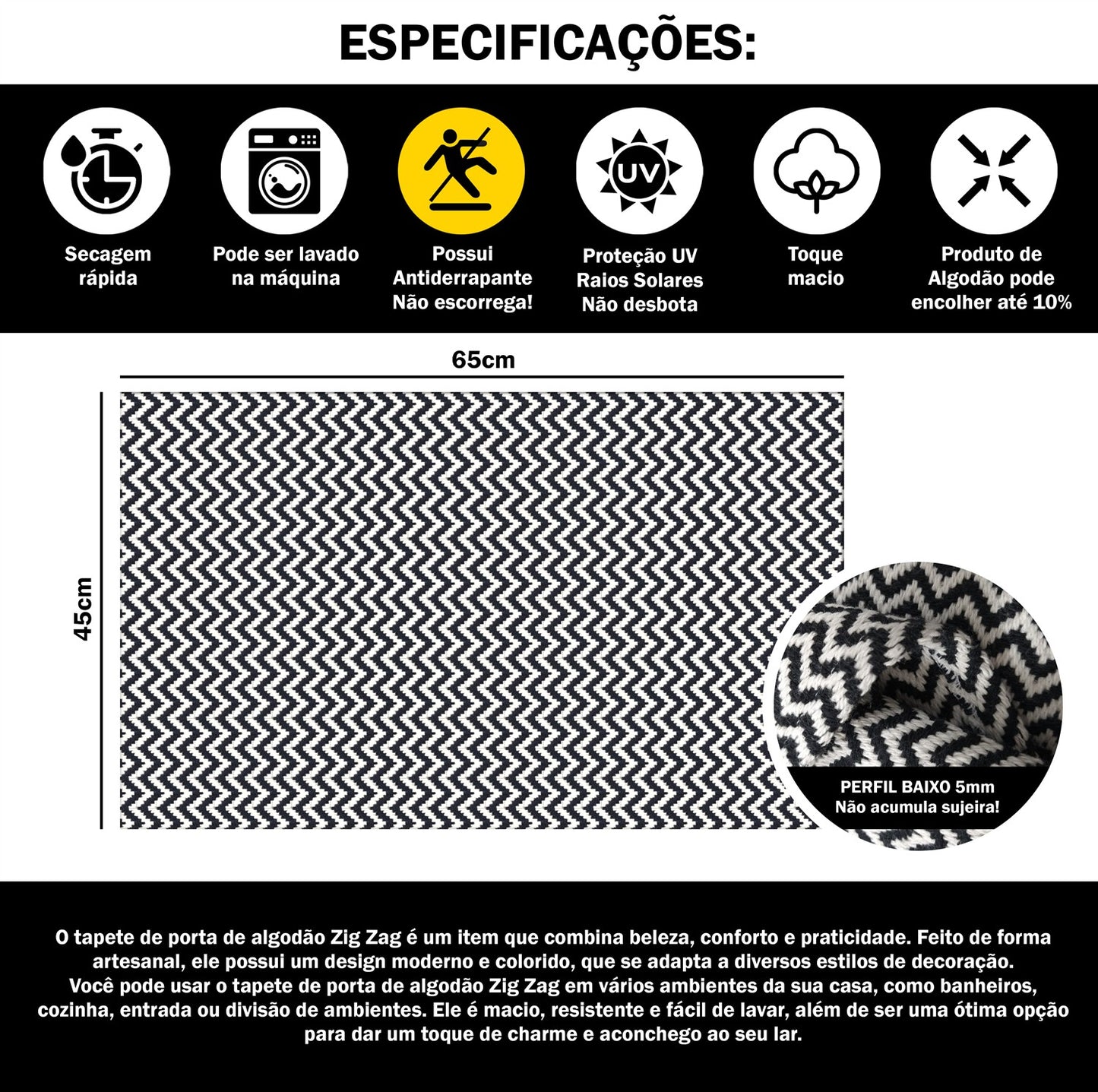 Capacho de Porta Antiderrapante 65x45cm Zig Zag Preto Entrada de Casa