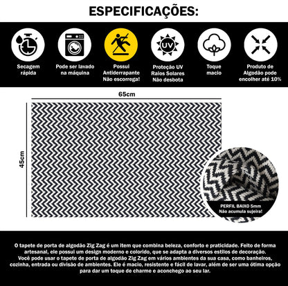 Capacho de Porta Antiderrapante 65x45cm Zig Zag Preto Entrada de Casa
