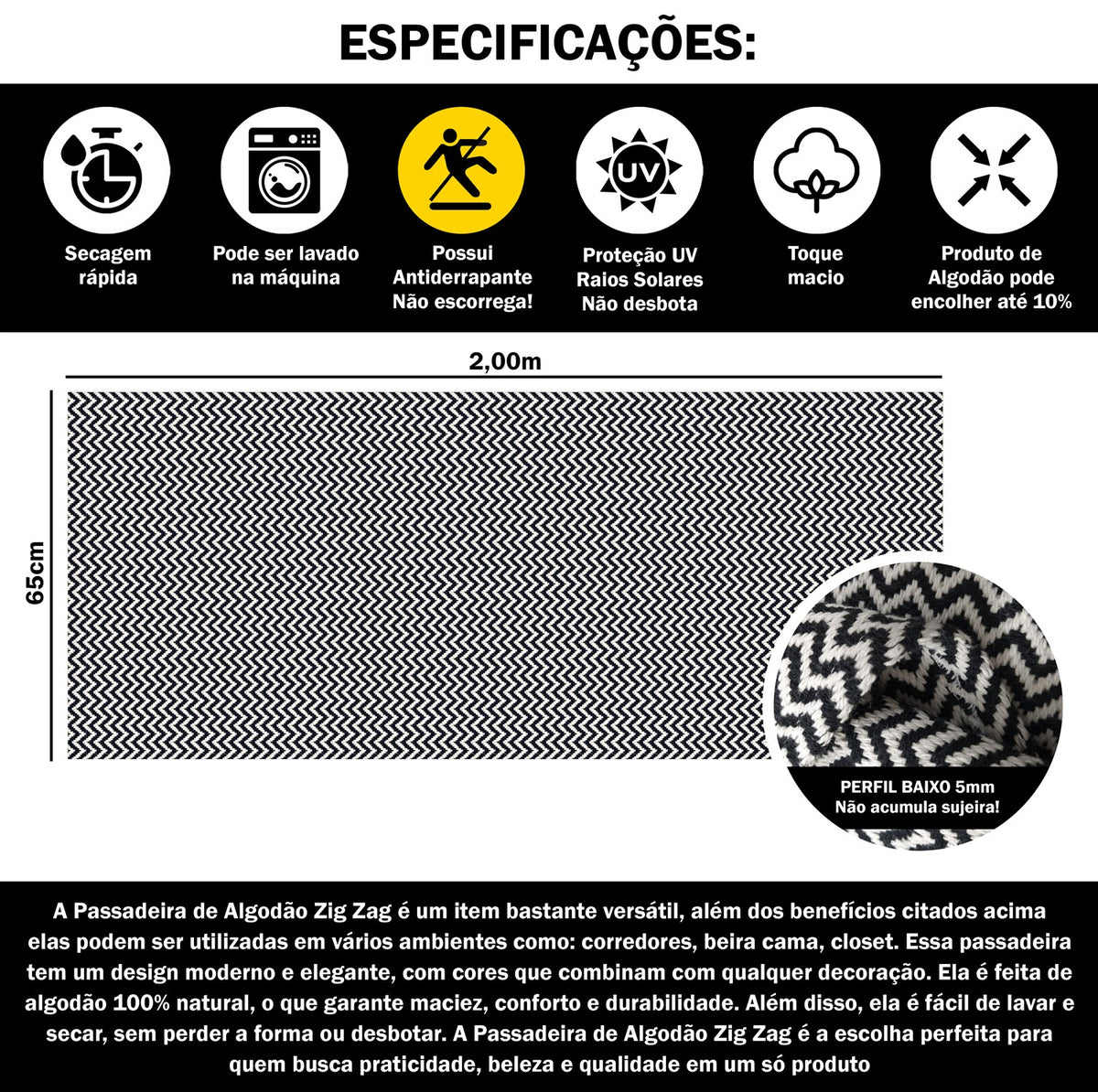 Tapete Passadeira Beira Cama 2,00m x 0,65m Zig Zag - Preto
