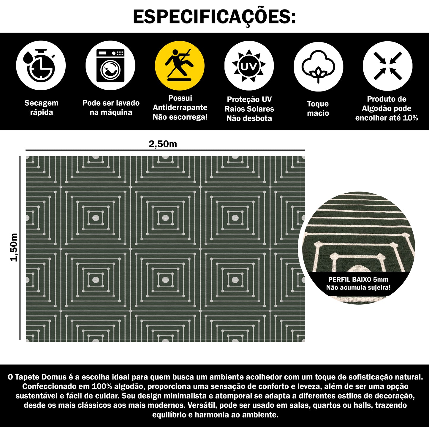 Tapete para Sala e Quarto 250x150cm Antiderrapante Domus